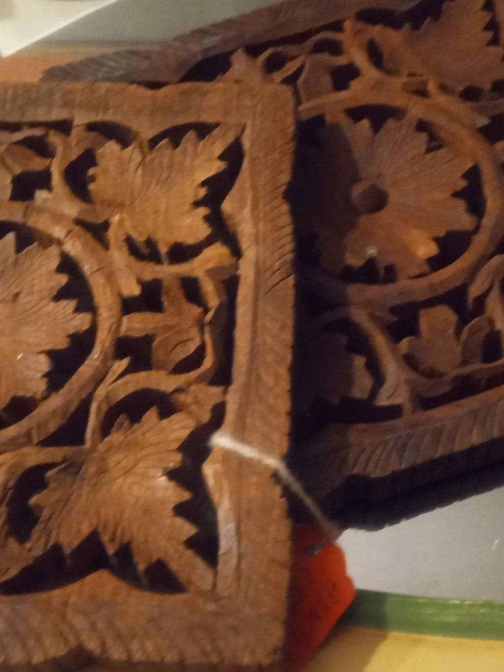 Vintage Hand Carved Indian Wood Wall Plaques Set of 2 Boho 7x7 Fretwork Panels